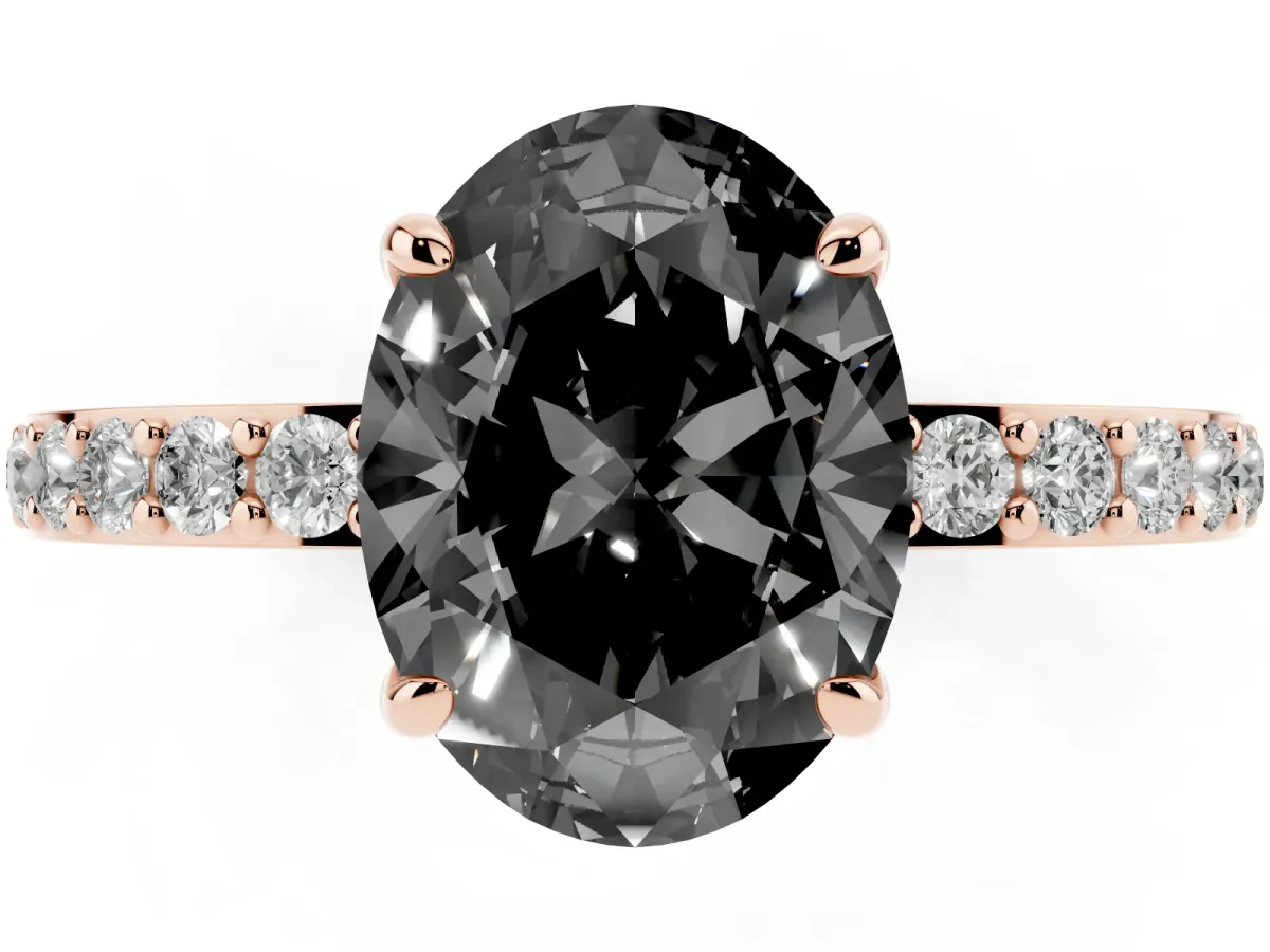 Fancy Black Oval Cut Diamond Pavé Engagement Ring with Round Accents and Prong Setting Rose gold