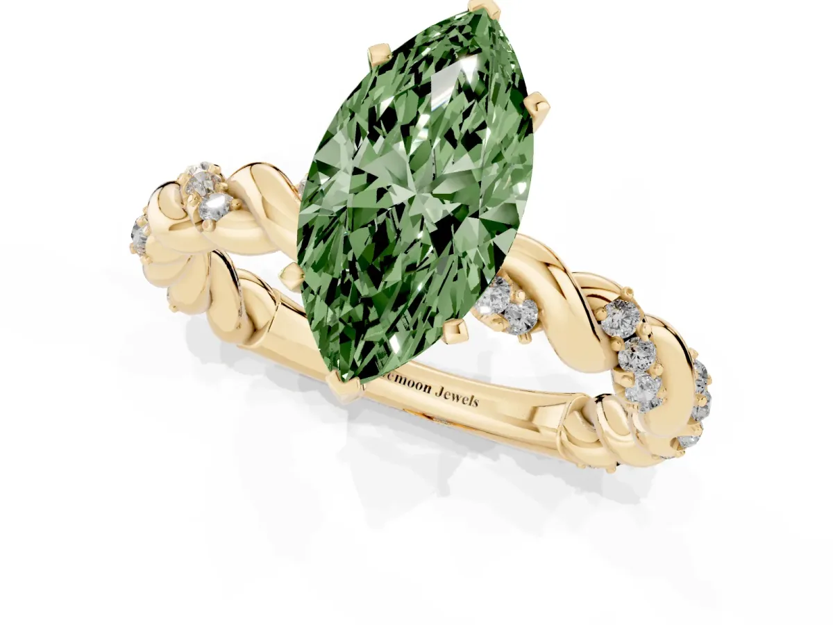 Fancy Green Marquise Cut Diamond Solitaire Ring with Twisted Band and Pavé Accents Yellow gold