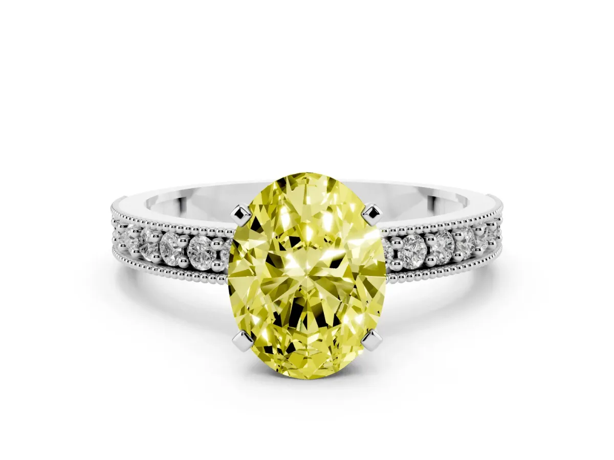 Fancy Yellow Oval Cut Diamond Milgrain Pavé Engagement Ring with Four-Prong Setting Silver