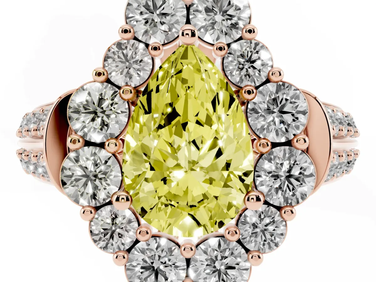 Fancy Yellow Pear Cut Halo Diamond Engagement Ring with Split Shank and Prong Setting Rose gold