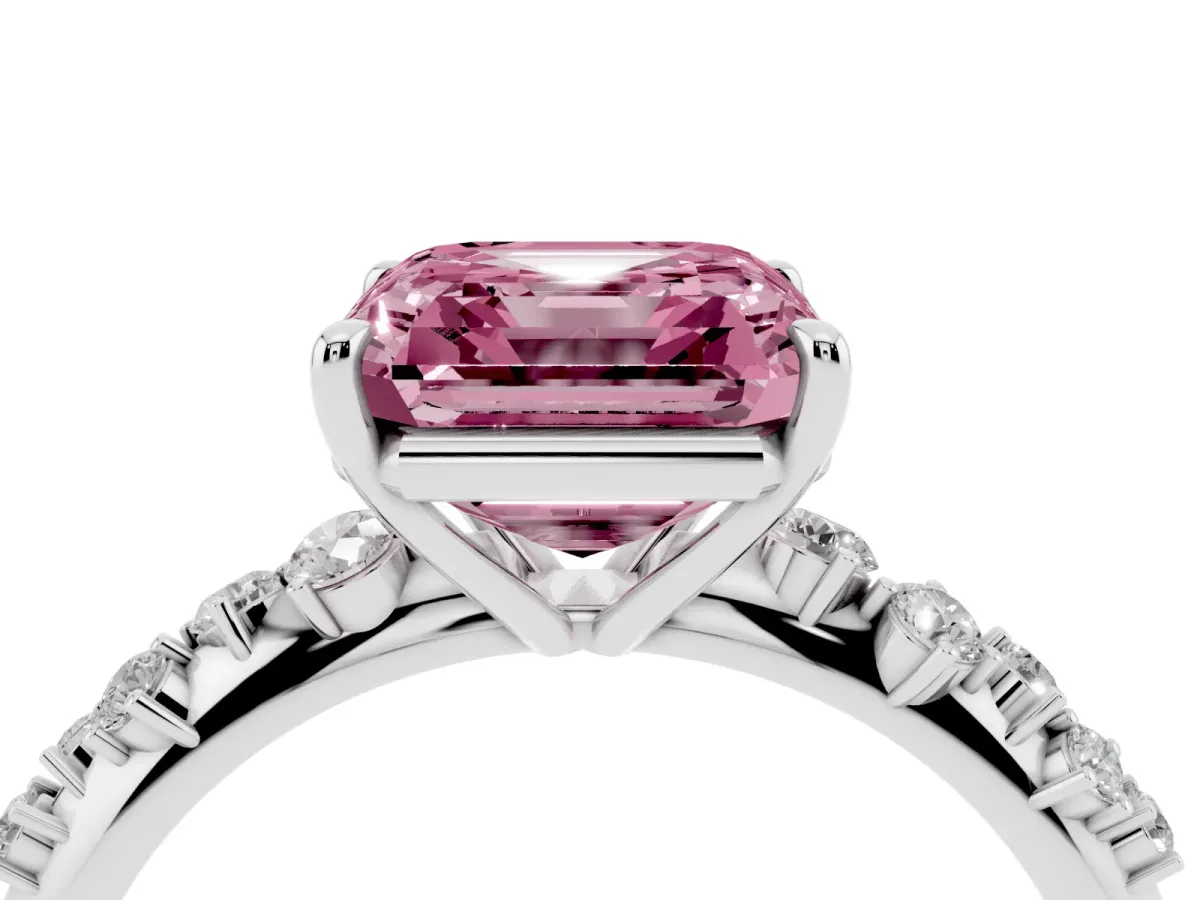 Fancy Pink Asscher Cut Diamond Cluster Side Stone Solitaire Ring with Prong Setting Silver