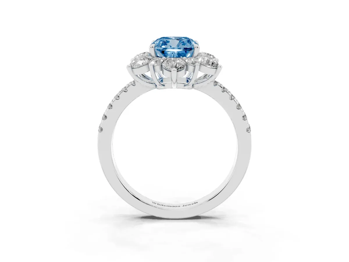 Fancy Blue Cushion Cut Diamond Floral Halo Ring with Round Pavé Band and Prong Setting Silver