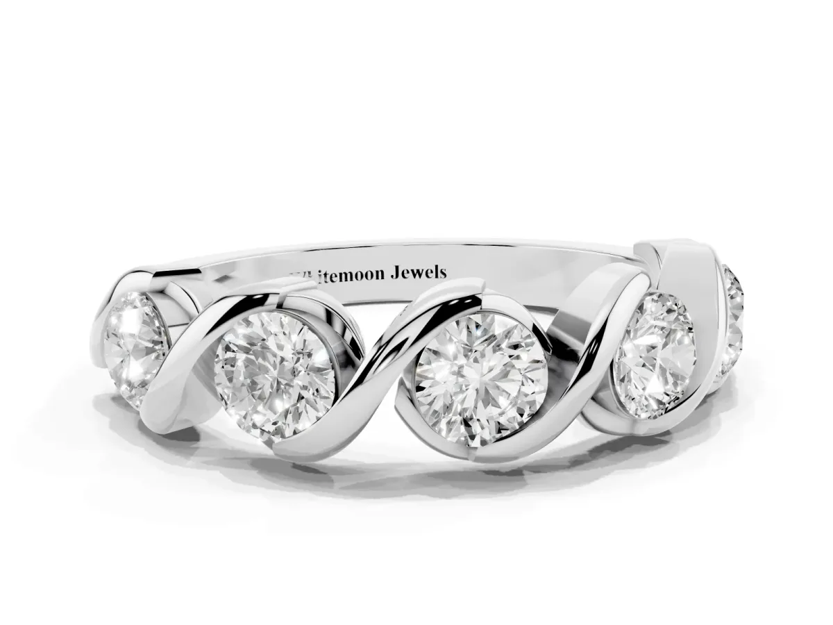 Round Diamond Wave Band with Channel Setting and Shared Prongs White gold