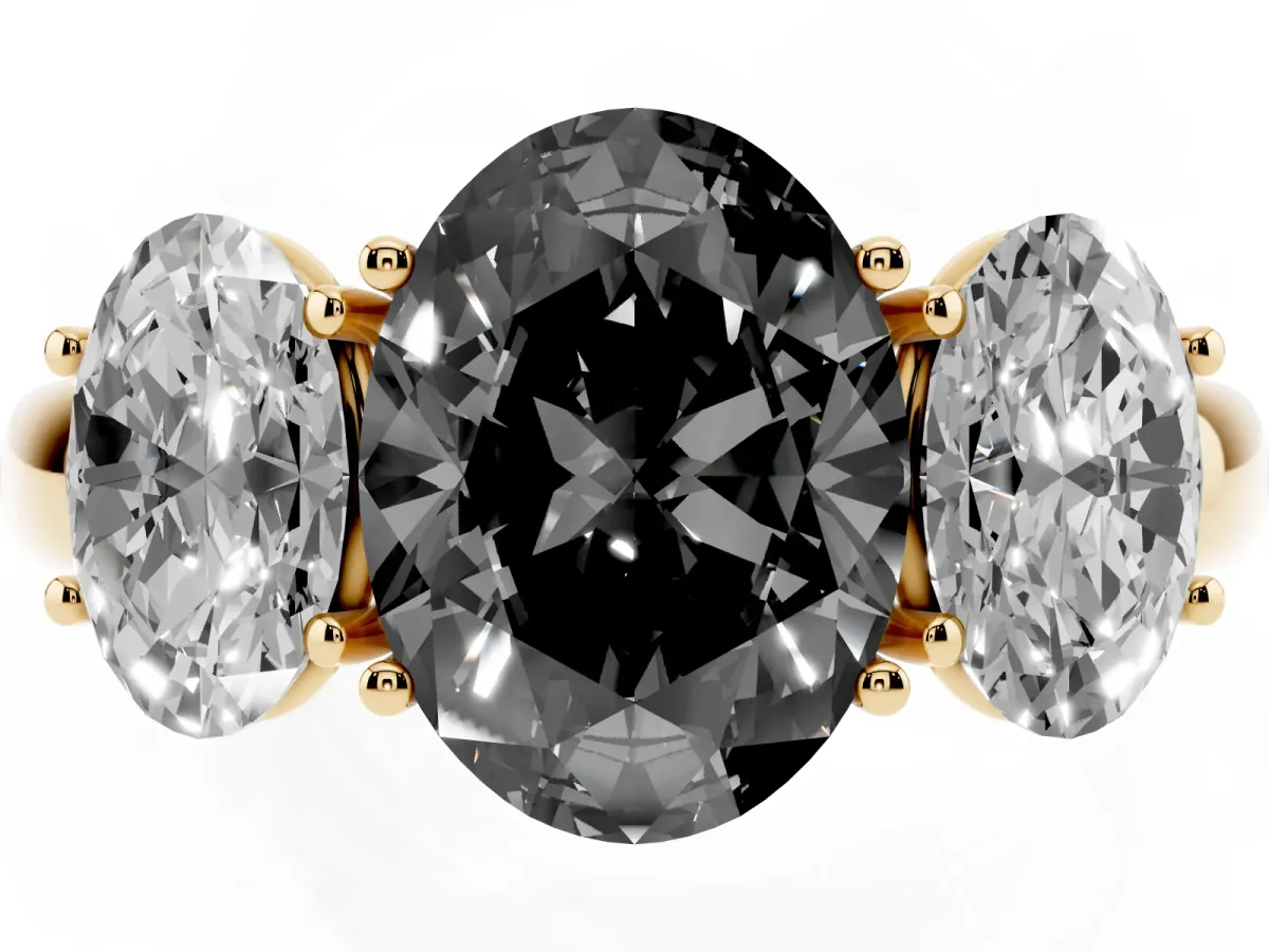 Fancy Black Oval Cut Diamond Three-Stone Ring with Four-Prong Setting and Classic Band Yellow gold