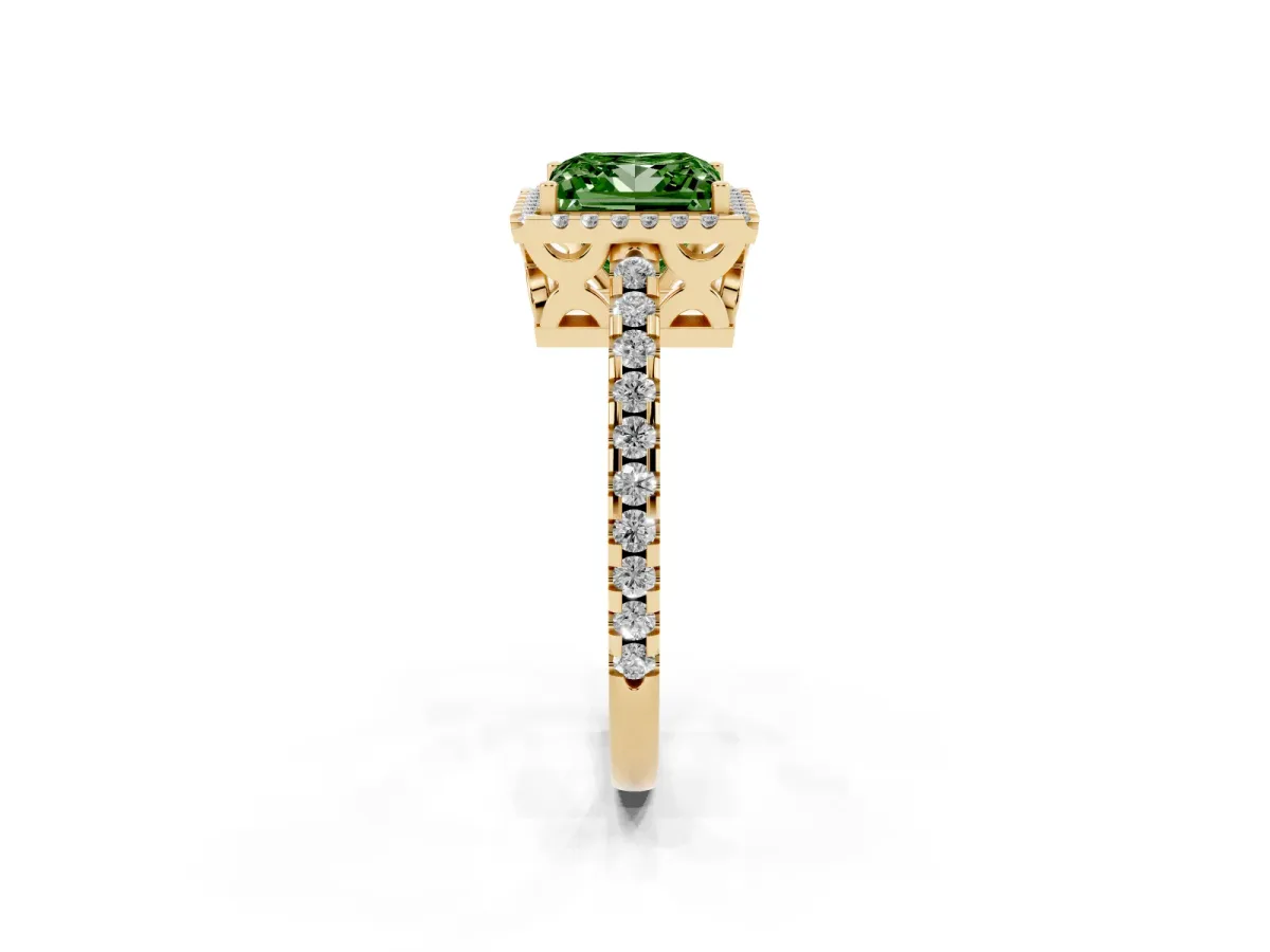 Fancy Green Princess Cut Diamond Halo Engagement Ring with Pavé Band and Prong Setting Yellow gold