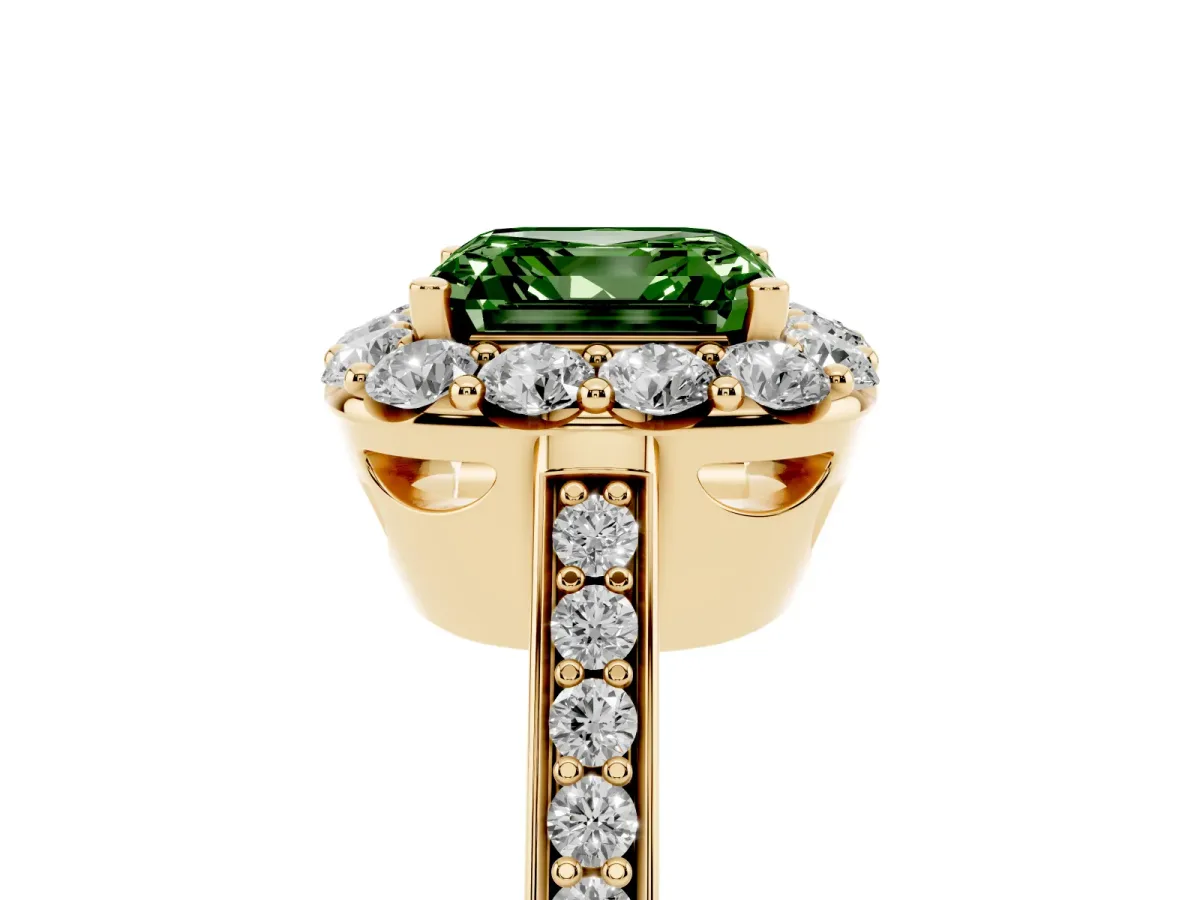 Fancy Green Asscher Cut Diamond Floral Halo Ring with Pavé Band and Prong Setting Yellow gold
