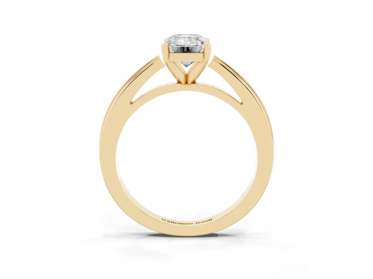 Emerald Cut Solitaire Diamond Ring with Four-Prong Setting and Classic Band Yellow gold