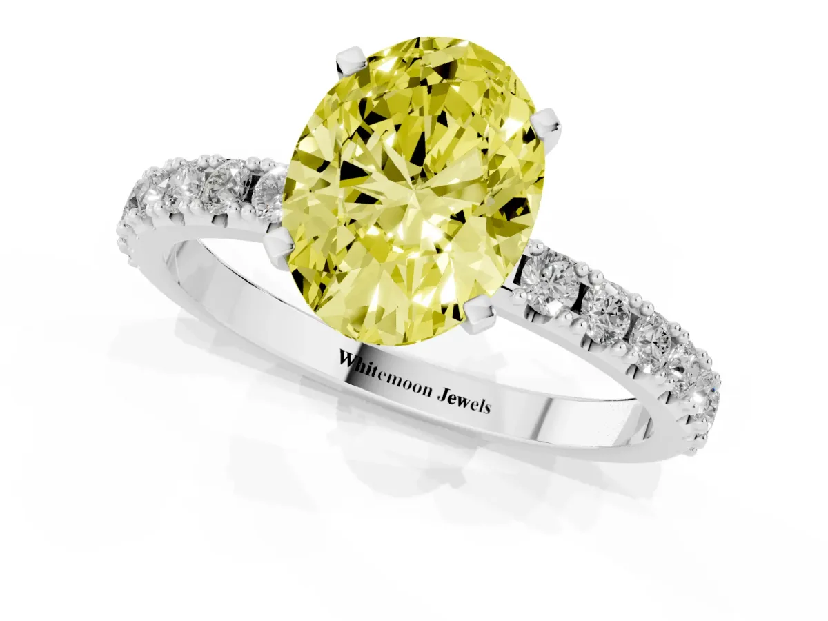 Fancy Yellow Oval Cut Diamond Solitaire Pavé Band with Four-Prong Setting Silver