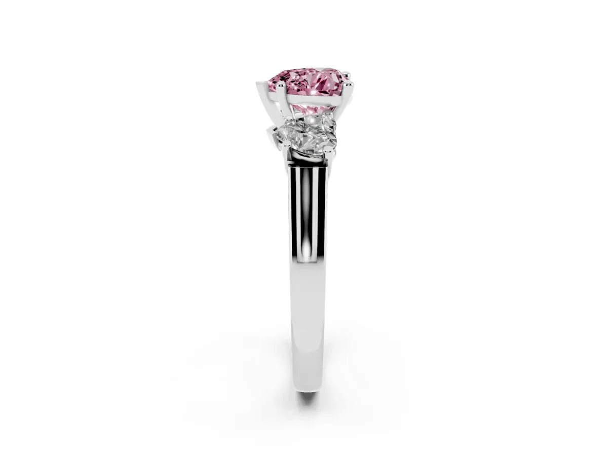 Fancy Pink Three-Stone Heart Cut Brilliant Diamond Trellis Ring with Comfort Fit Band Silver