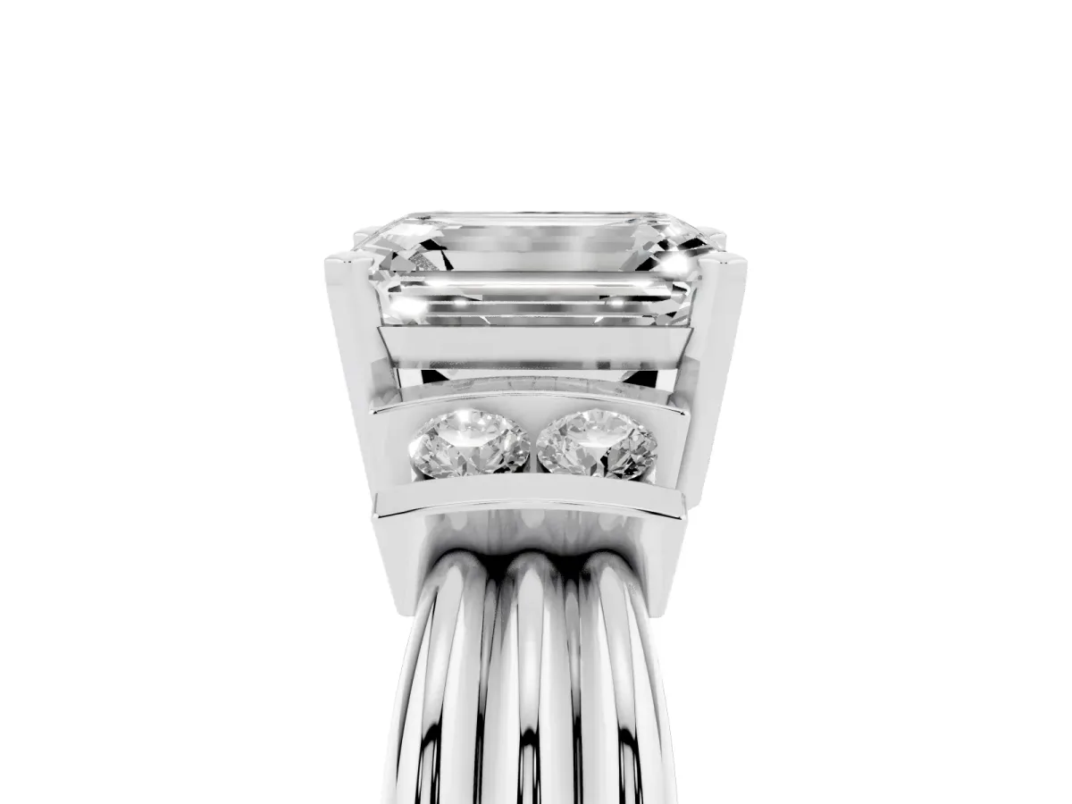 Emerald Cut Cut Three-Stone Channel Set Ring with Bar Prongs Platinum