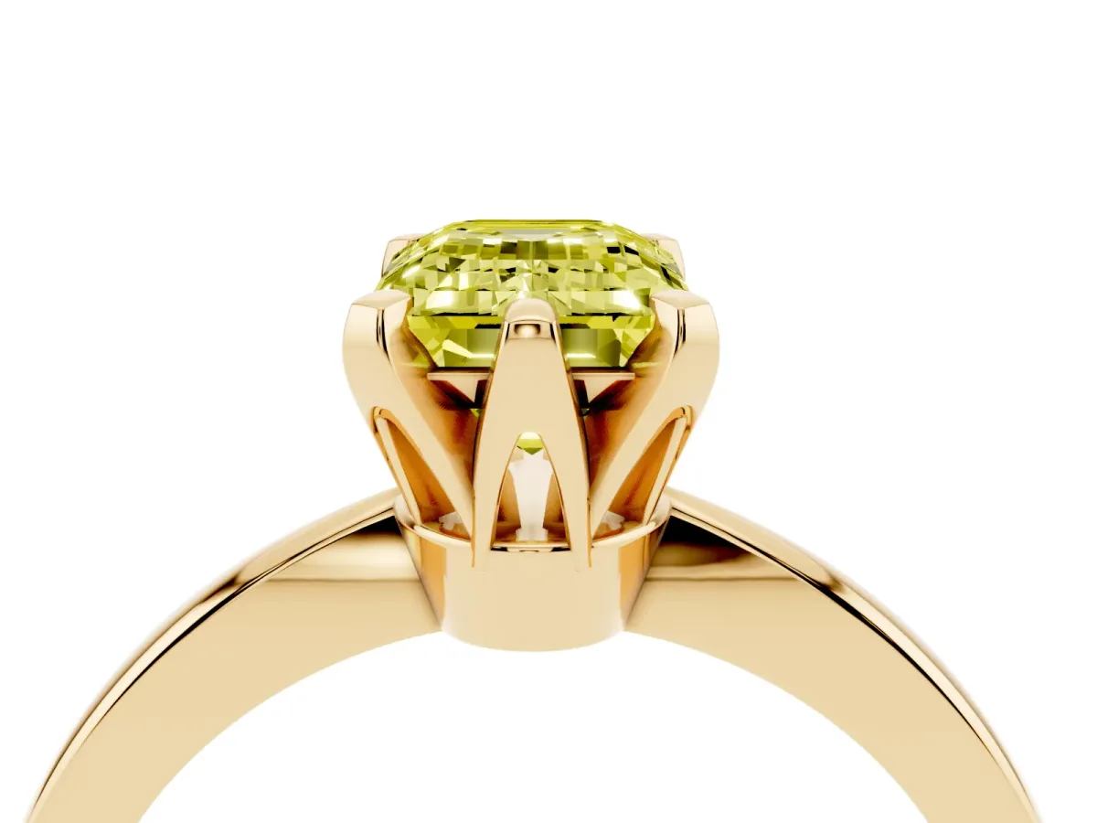 Fancy Yellow Emerald Cut Solitaire Engagement Ring with Six-Prong Setting and Tapered Band Yellow gold