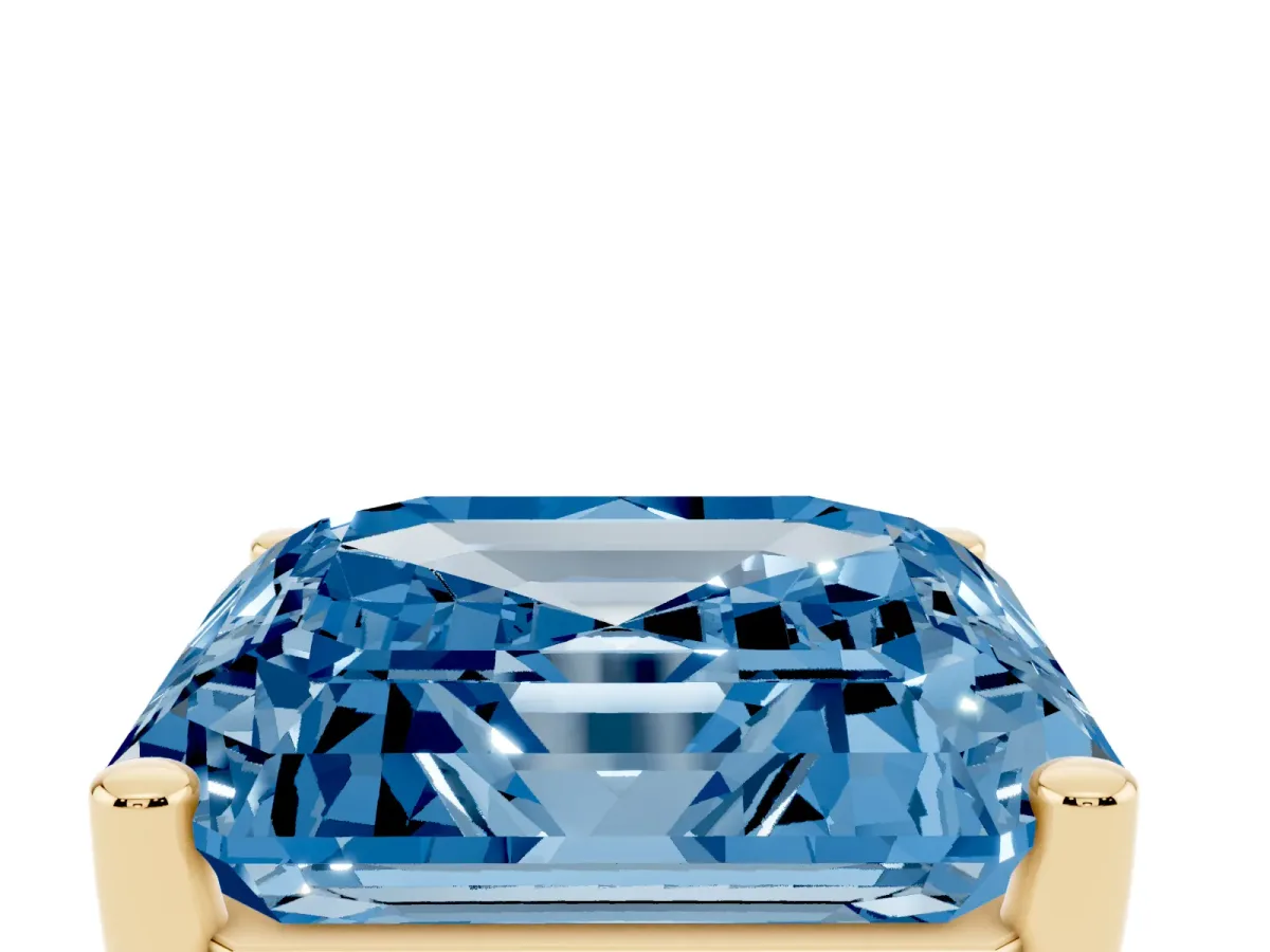Fancy Blue Asscher Cut Cut Diamond Solitaire Engagement Ring with Tapered Plain Band and Four-Prong Setting Yellow gold