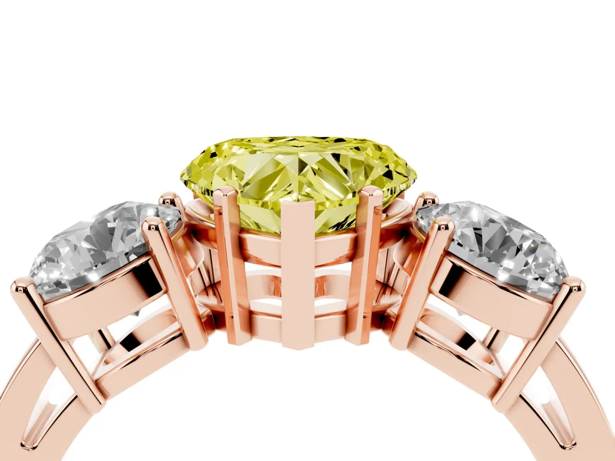 Fancy Yellow Three-Stone Heart Cut Diamond Ring with Round Side Stones, Classic Band, and Four-Prong Setting Rose gold