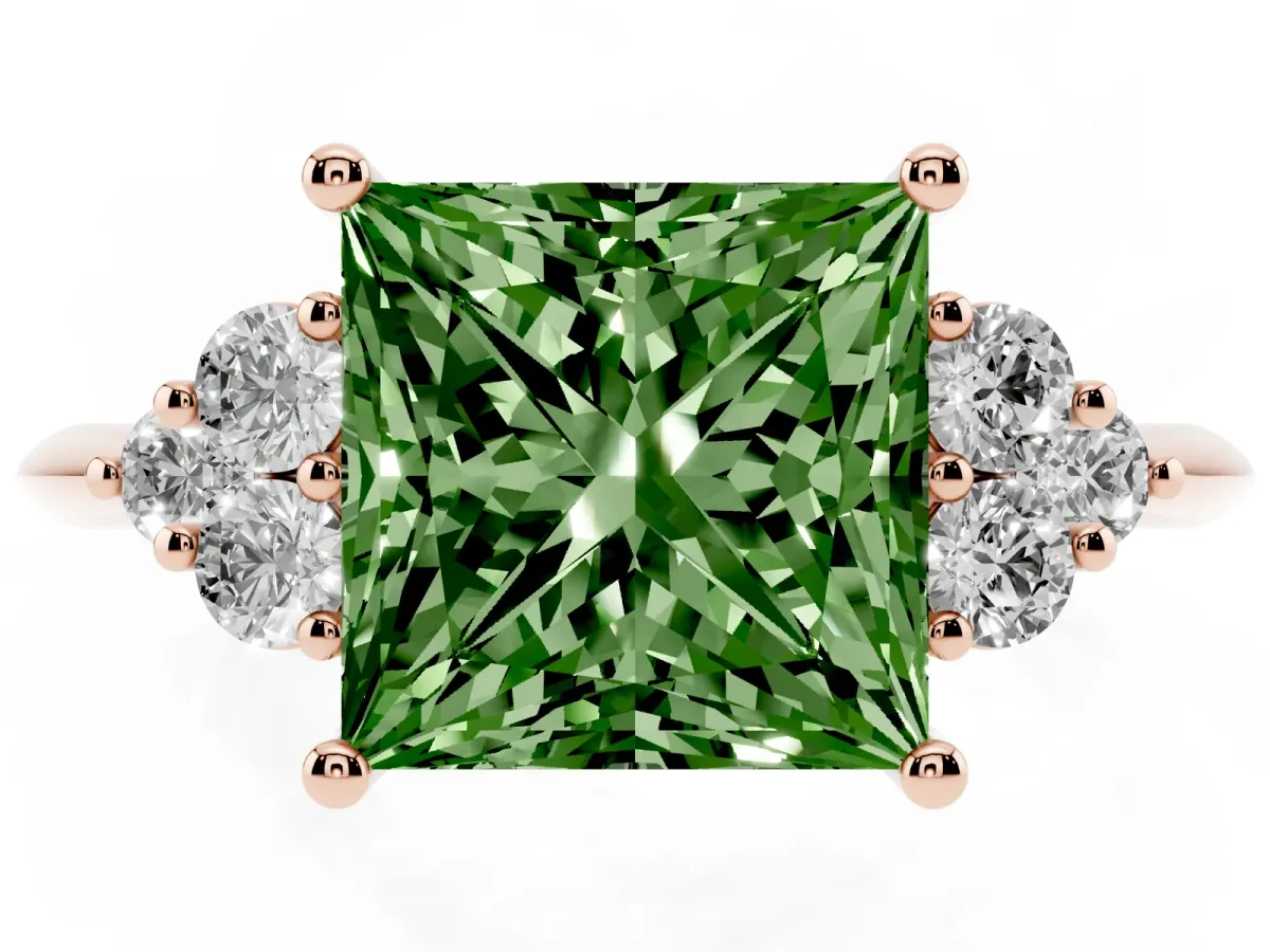 Fancy Green Princess Cut Cut Diamond Cluster Ring with Solitaire Band and Four-Prong Setting Rose gold