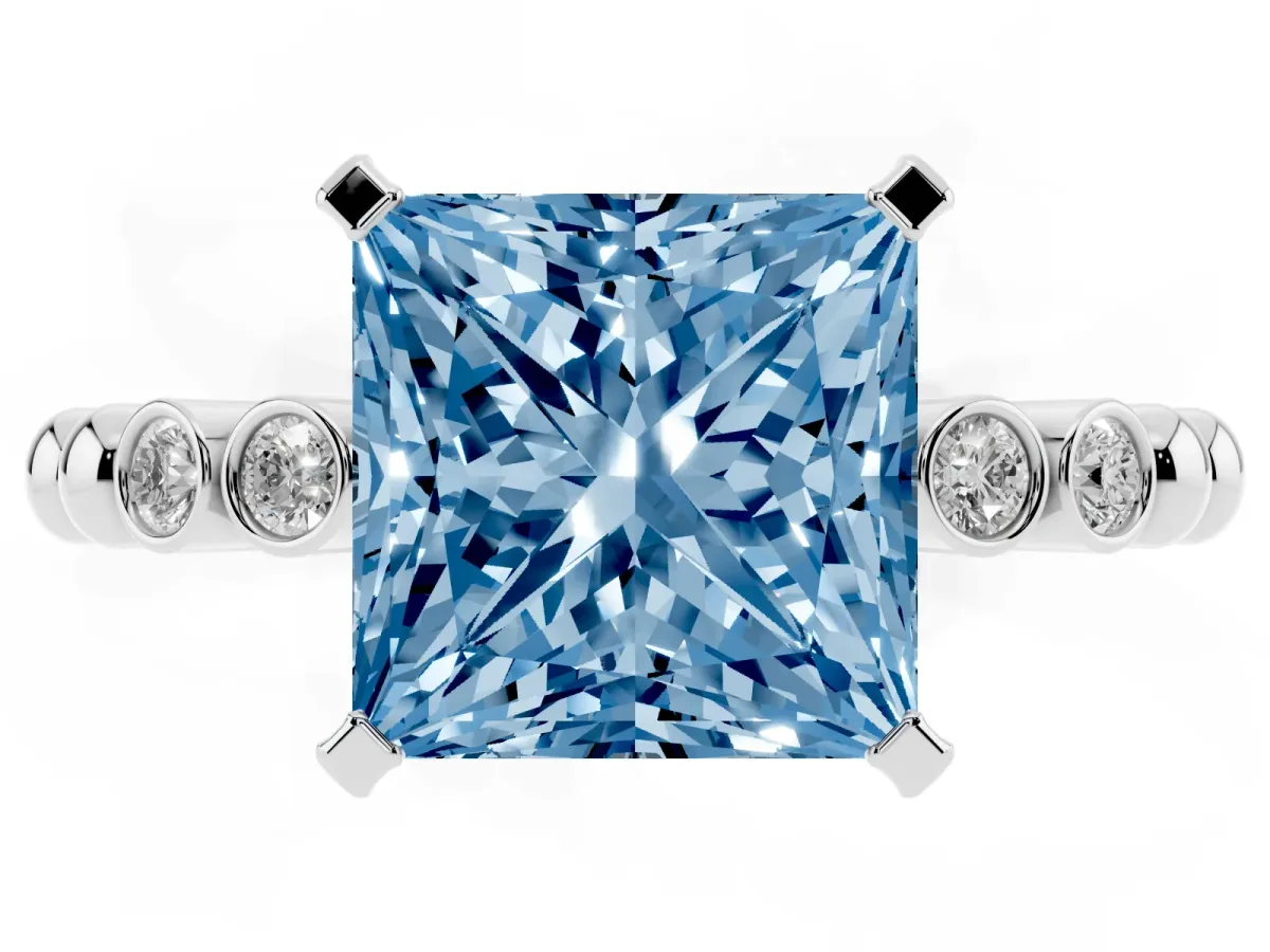 Fancy Blue Princess Cut Solitaire Bezel Accent Diamond Engagement Ring with Beaded Band and Four-Prong Setting Platinum