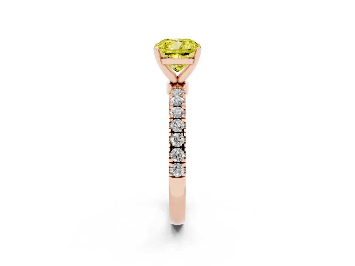 Fancy Yellow Cushion Cut Diamond Solitaire Ring with Pavé Accents and Four-Prong Setting Rose gold