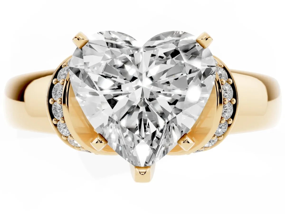 Heart Cut Solitaire Diamond Ring with Pave Band and Six-Prong Setting Yellow gold