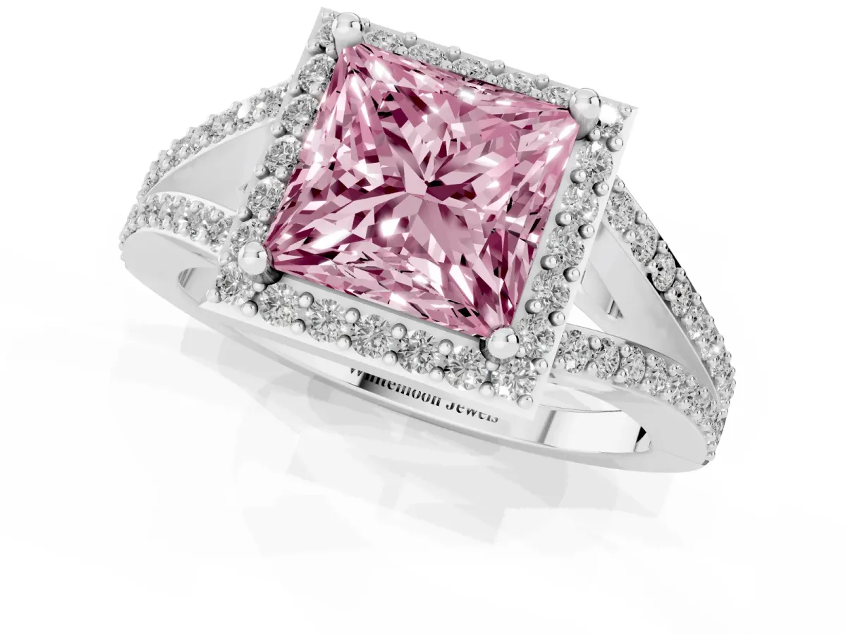 Fancy Pink Princess Cut Halo Split Shank Pave Diamond Ring with Four-Prong Setting Silver