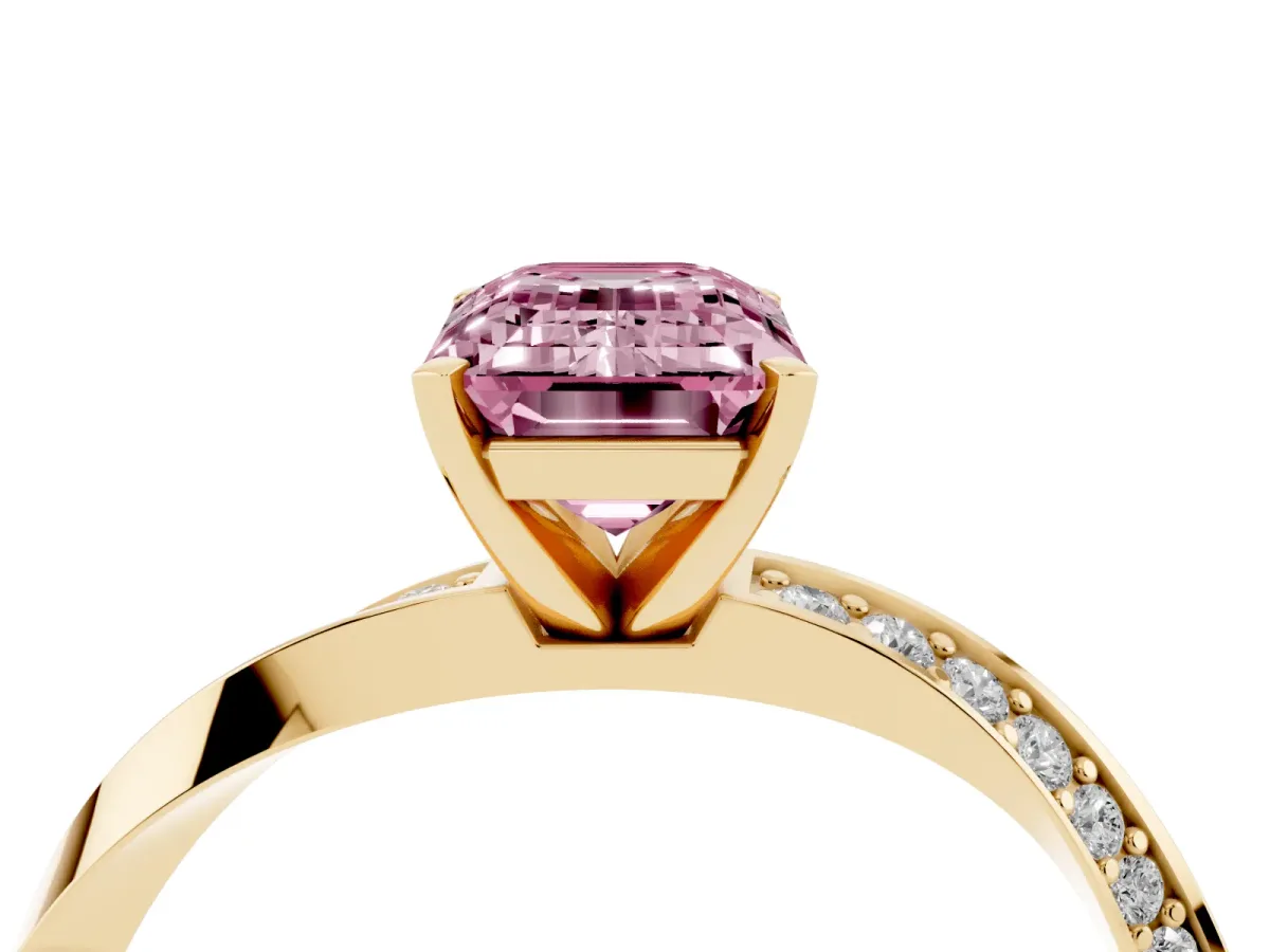 Fancy Pink Emerald Cut Diamond Engagement Ring with Side Stone Accents and Four-Prong Setting Yellow gold