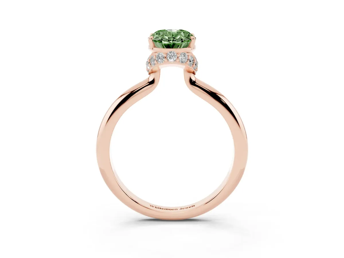 Fancy Green Oval Cut Brilliant Solitaire Engagement Ring with Six-Prong Setting and Classic Band Rose gold