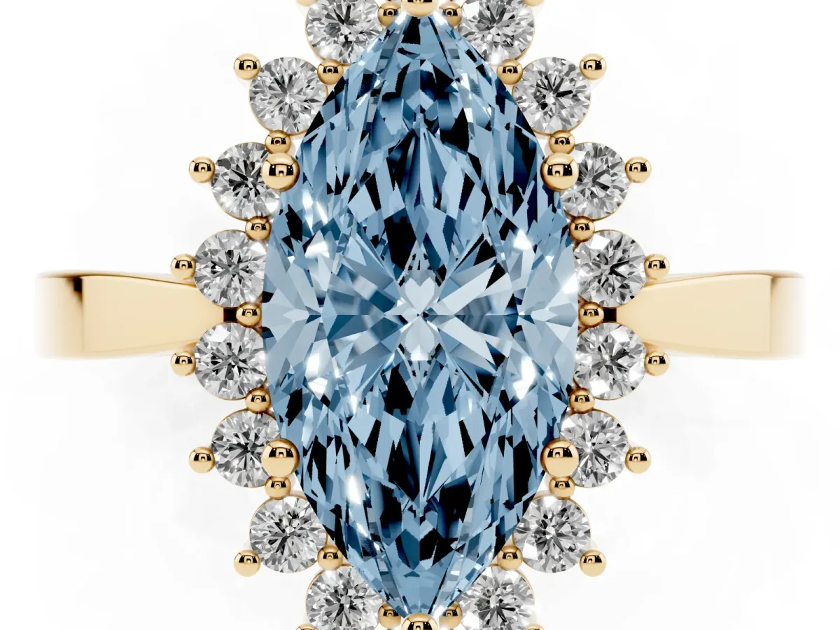 Fancy Blue Marquise Cut Cut Diamond Halo Ring with Round Brilliant Halo and Solitaire Band Yellow gold