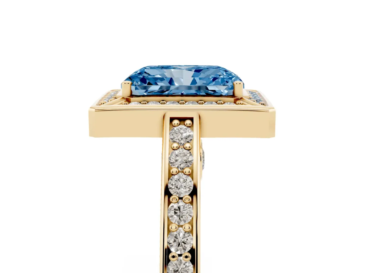 Fancy Blue Radiant Cut Cut Halo Pave Split Shank Prong Setting Ring Yellow gold