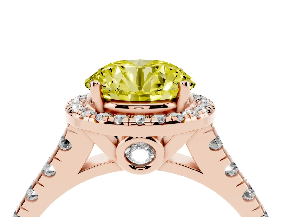 Fancy Yellow Round Cut Halo Pavé Diamond Engagement Ring with Four-Prong Setting Rose gold