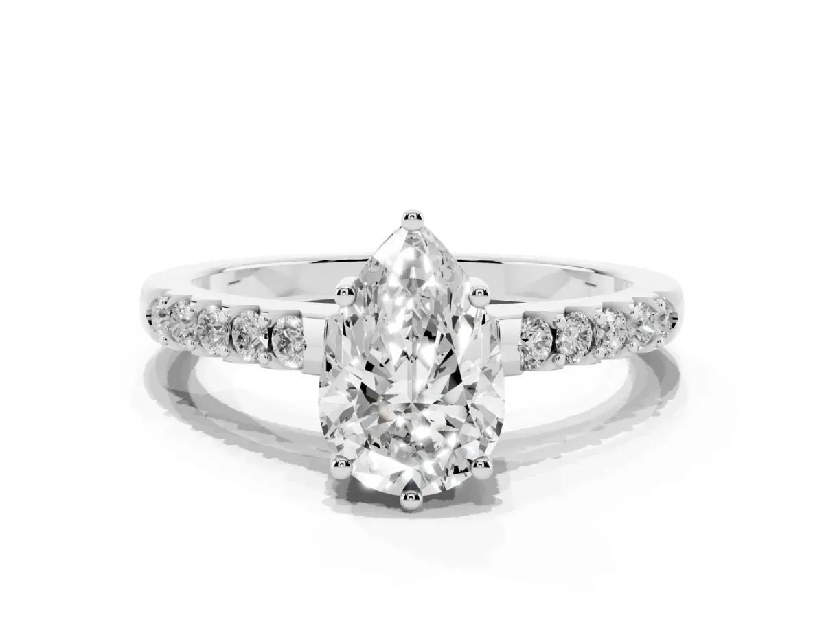 Pear Cut Solitaire Diamond Engagement Ring with Pavé Band and Six-Prong Setting Platinum