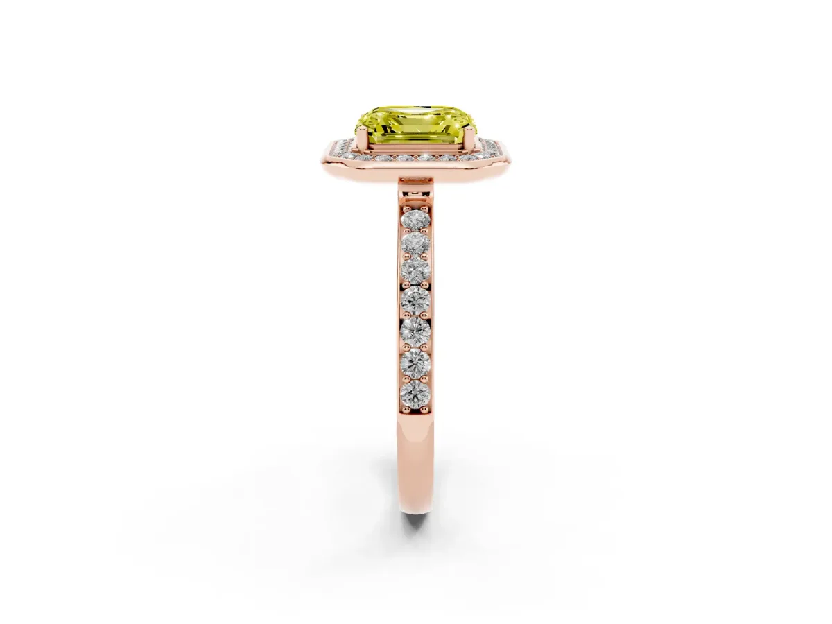 Fancy Yellow Asscher Cut Diamond Halo Ring with Bezel Frame and Pavé Band Rose gold