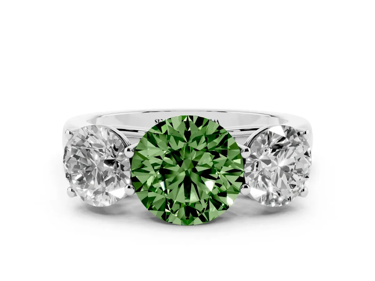 Fancy Green Round Cut Three-Stone Diamond Ring with Prong Setting on a Classic Band Silver