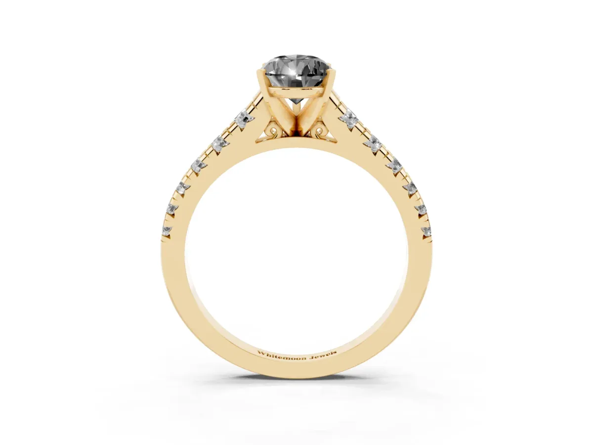 Fancy Black Pear Cut Diamond Cathedral Solitaire Ring with Round Pavé Band Yellow gold