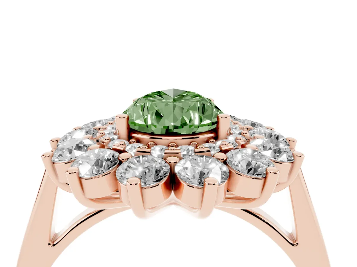 Fancy Green Pear Cut Diamond Floral Double Halo Engagement Ring with Prong Setting Rose gold