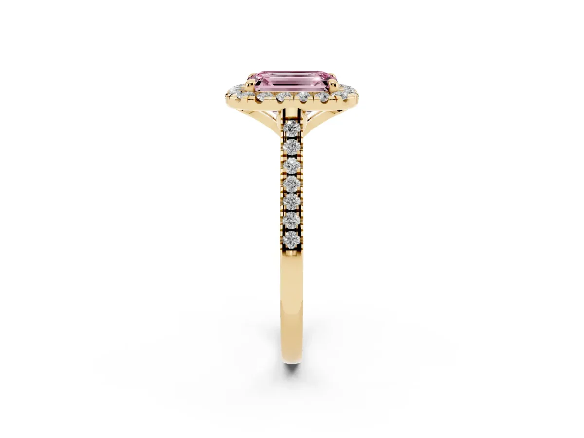 Fancy Pink Emerald Cut Diamond Cushion Halo Ring with Pavé Band Yellow gold