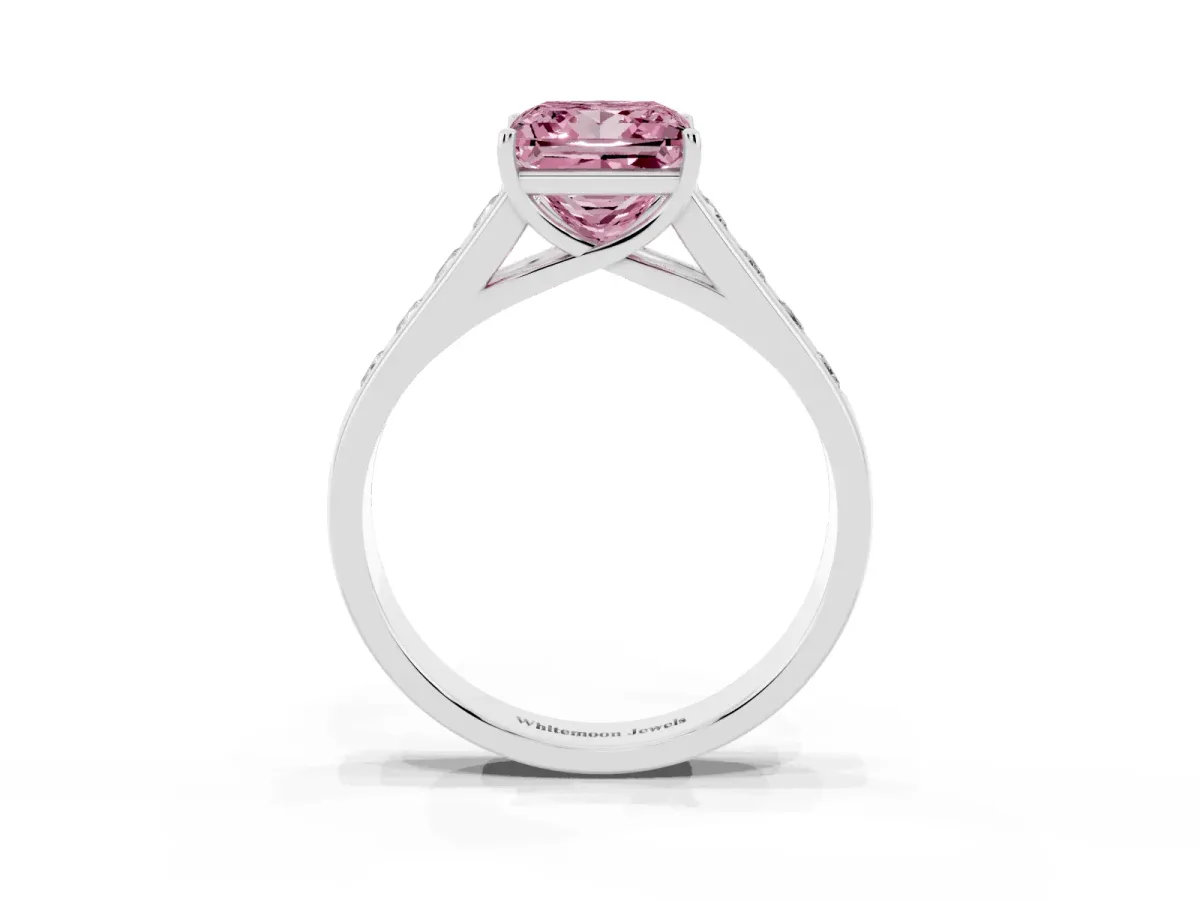 Fancy Pink Princess Cut Brilliant Channel-Set Solitaire Ring with Four-Prong Setting Platinum