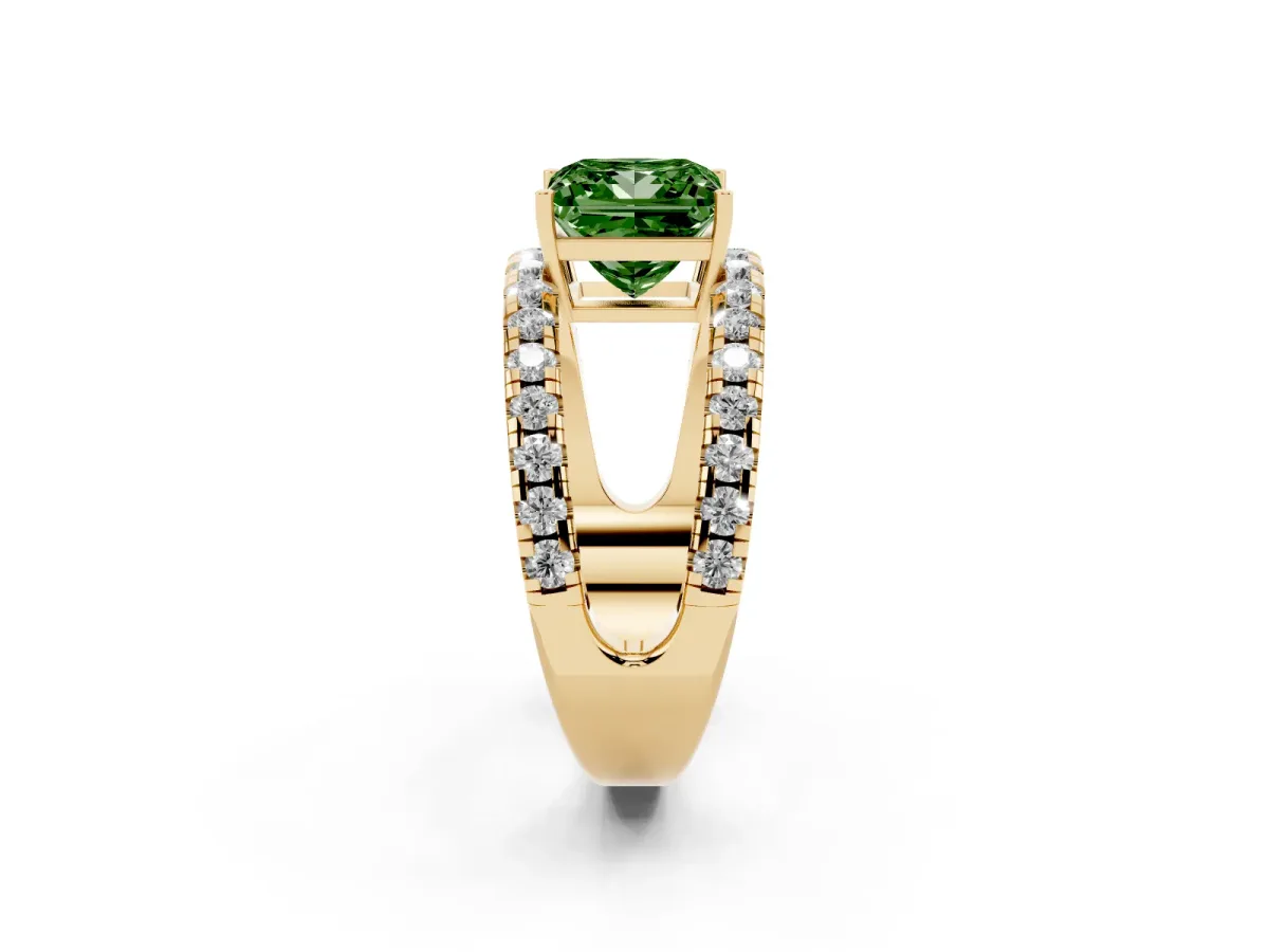 Fancy Green Princess Cut Solitaire Split Shank Pave Diamond Ring Yellow gold