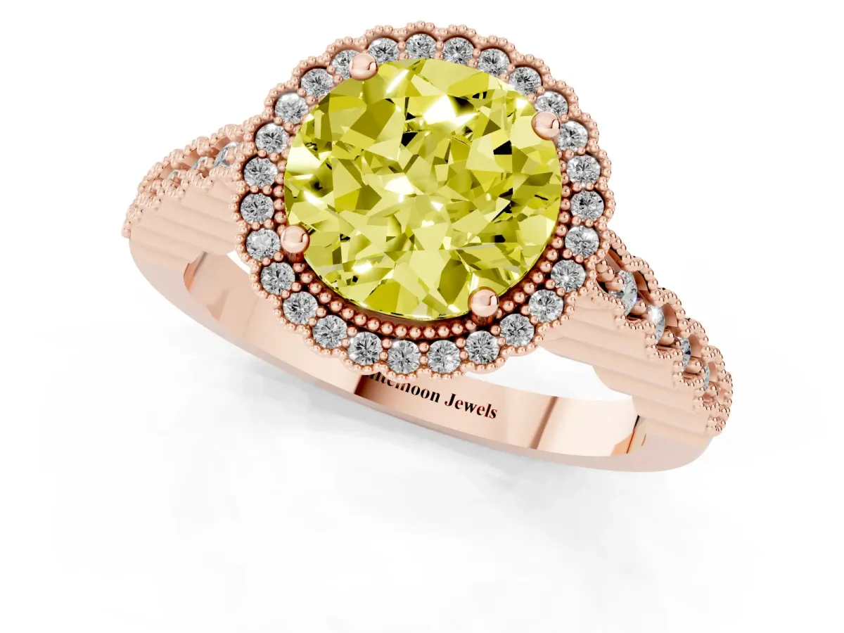 Fancy Yellow Round Cut Cut Halo Pavé Solitaire Ring with Milgrain Band Rose gold