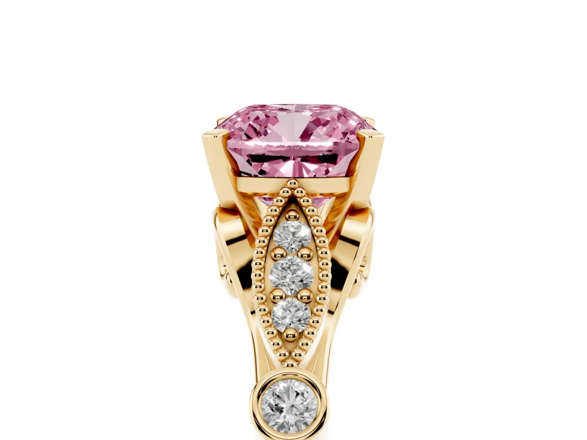 Fancy Pink Cushion Cut Cut Diamond with Milgrain Marquise and Bezel Accents on a Solitaire Band with Prong Setting Yellow gold