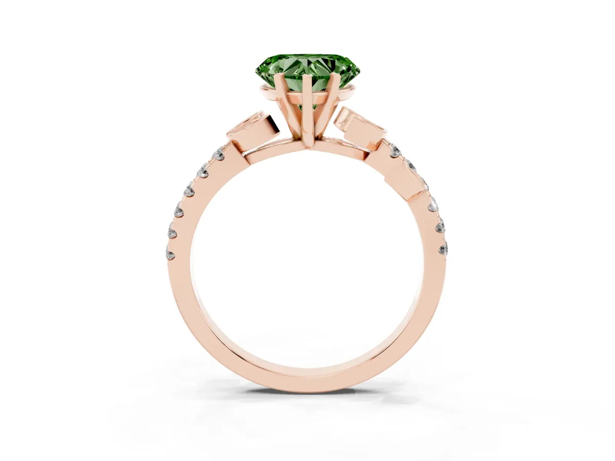 Fancy Green Heart Cut Solitaire Leaf-Inspired Diamond Ring with Pavé Band and Four-Prong Setting Rose gold