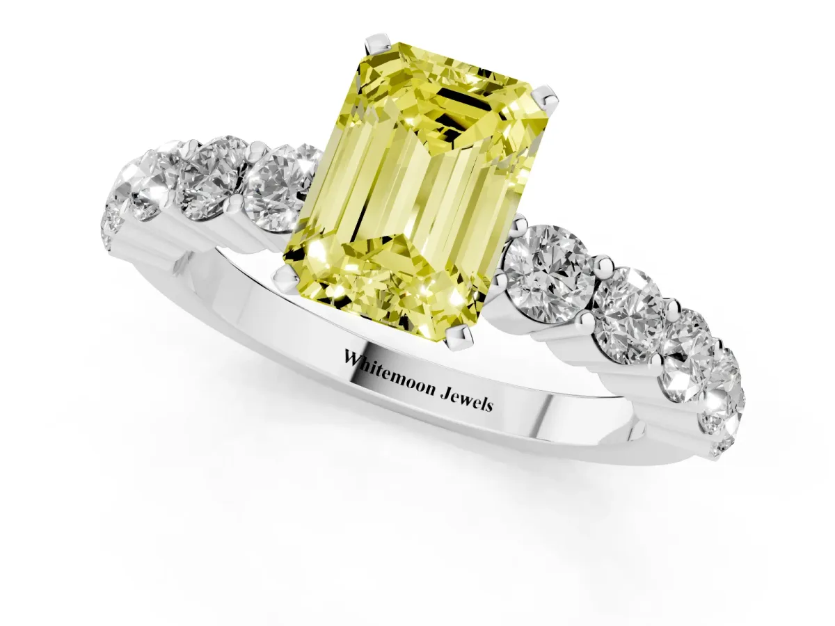 Fancy Yellow Emerald Cut Diamond Solitaire Ring with Shared Prong Round Side Stones Platinum