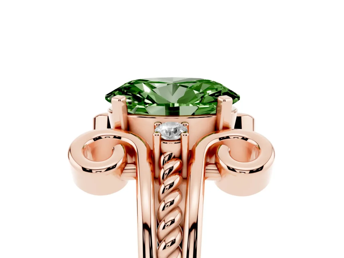 Fancy Green Oval Cut Solitaire Twisted Band Scroll Prong Ring Rose gold