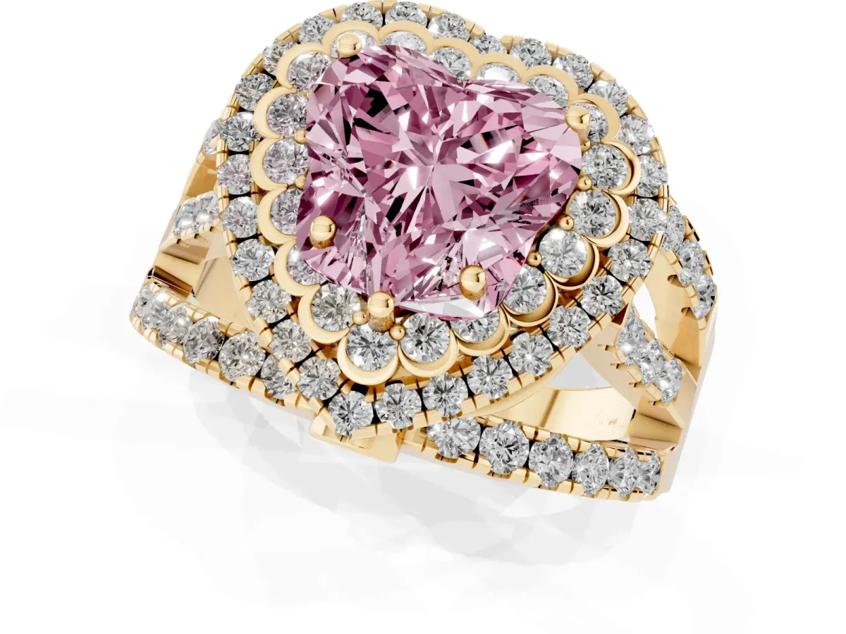 Fancy Pink Heart Cut Diamond Double Halo Ring with Round Pavé Split Shank and Prong Setting Yellow gold
