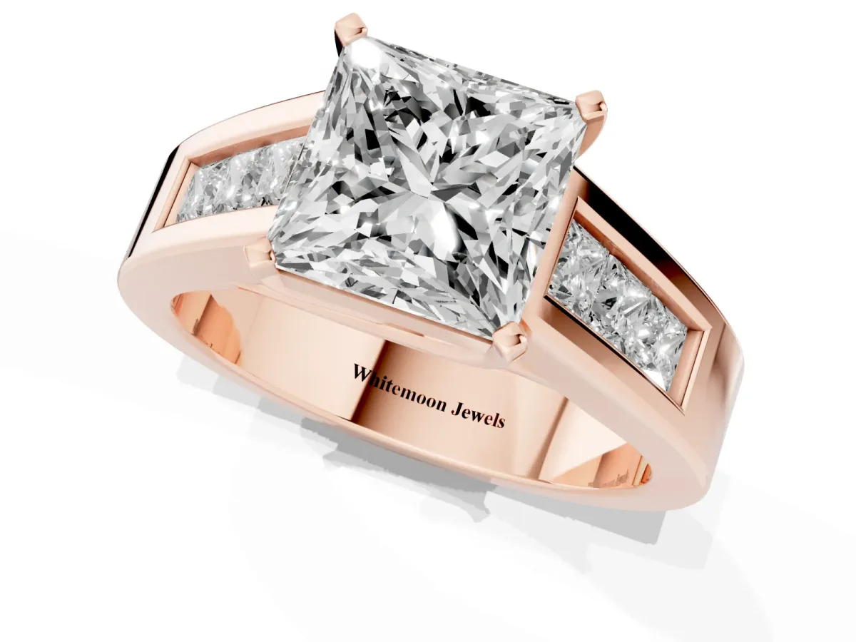 Princess Cut Cut Channel Set Solitaire Ring with Four-Prong Setting Rose gold