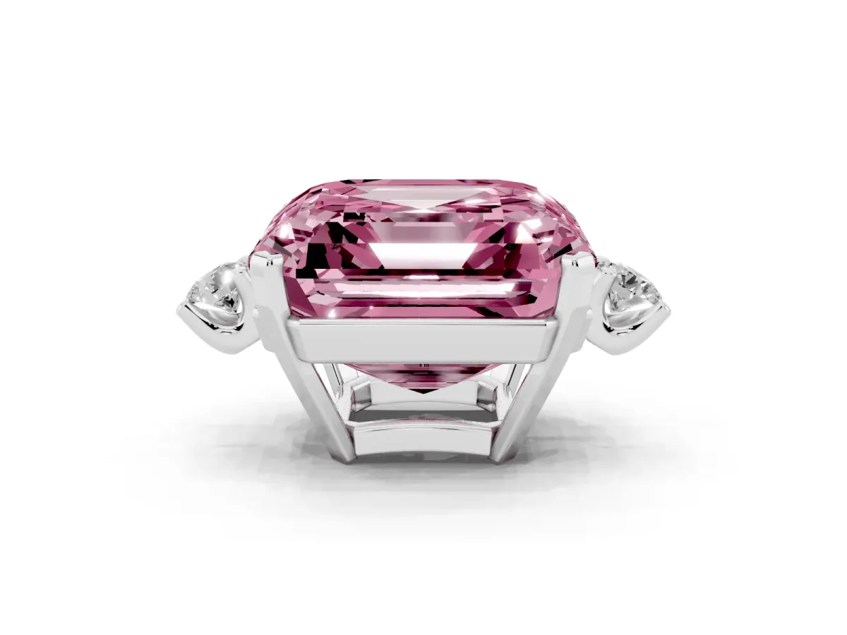 Fancy Pink Asscher Cut Cut Three-Stone Solitaire Ring with Round Accent Diamonds and Four-Prong Setting Silver