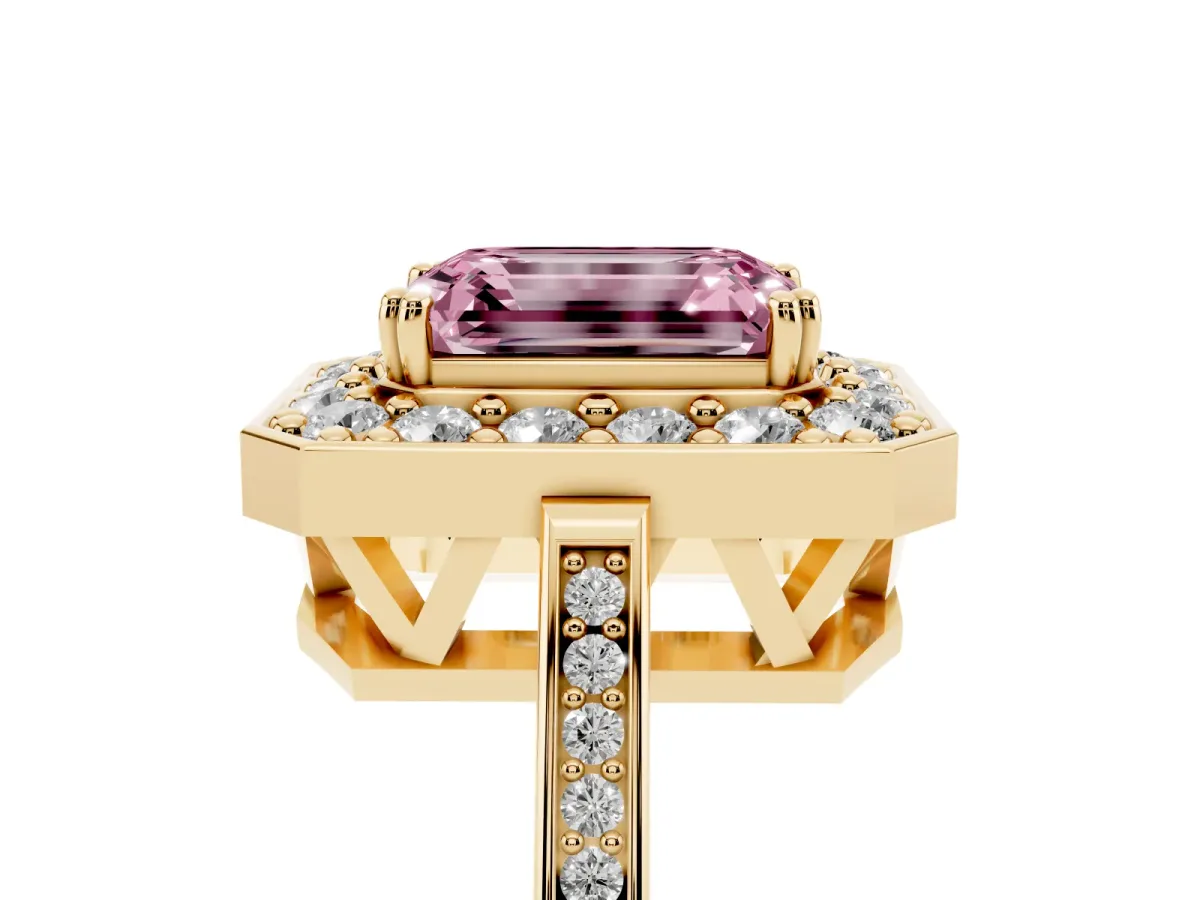 Fancy Pink Emerald Cut Diamond Halo Ring with Split Shank and Four-Prong Setting Yellow gold