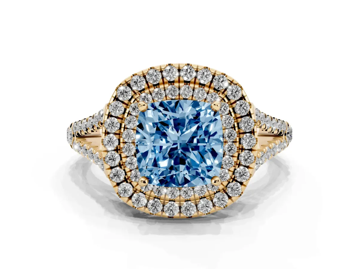Fancy Blue Cushion Cut Diamond Double Halo Ring with Pavé Band and Prong Setting Yellow gold