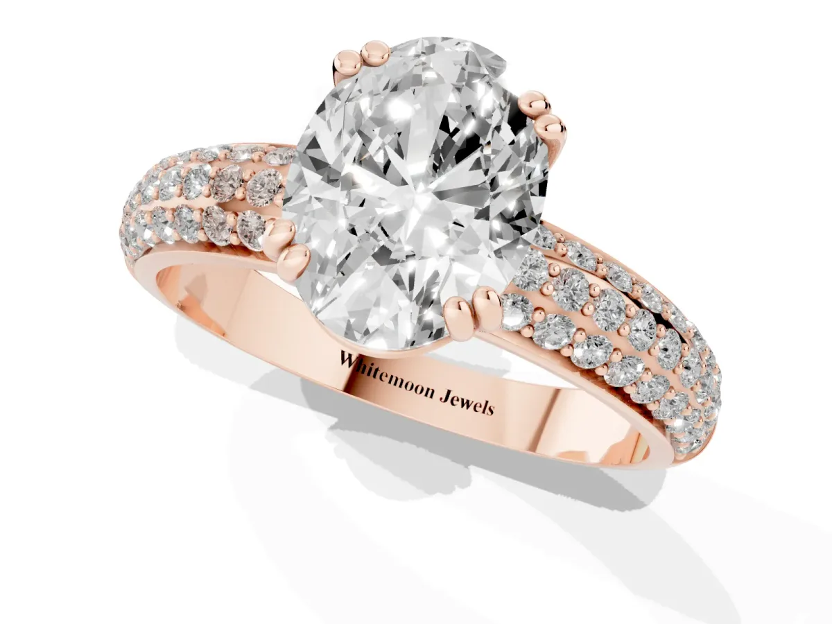 Oval Cut Diamond Solitaire Ring with Multi-Row Round Pavé Band and Prong Setting Rose gold