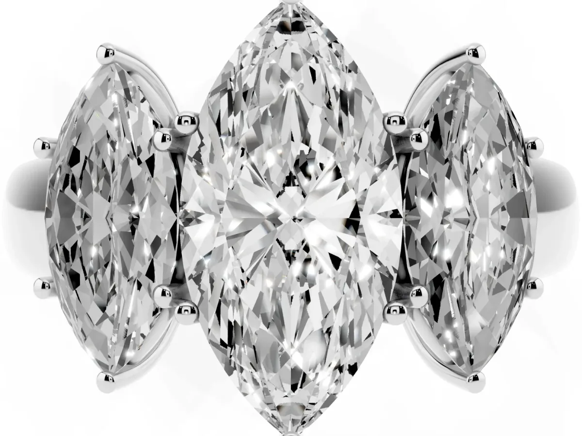 Three-Stone Marquise Cut Cut Diamond Ring with Prong Setting and Classic Band Platinum