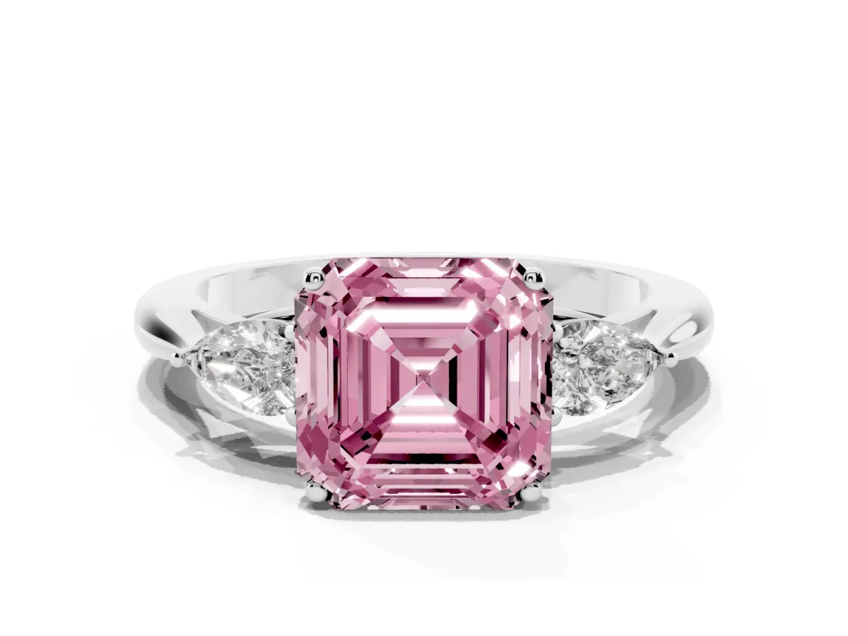 Fancy Pink Three-Stone Asscher Cut Brilliant Diamond Solitaire Ring with Tapered Band and Four-Prong Setting Platinum