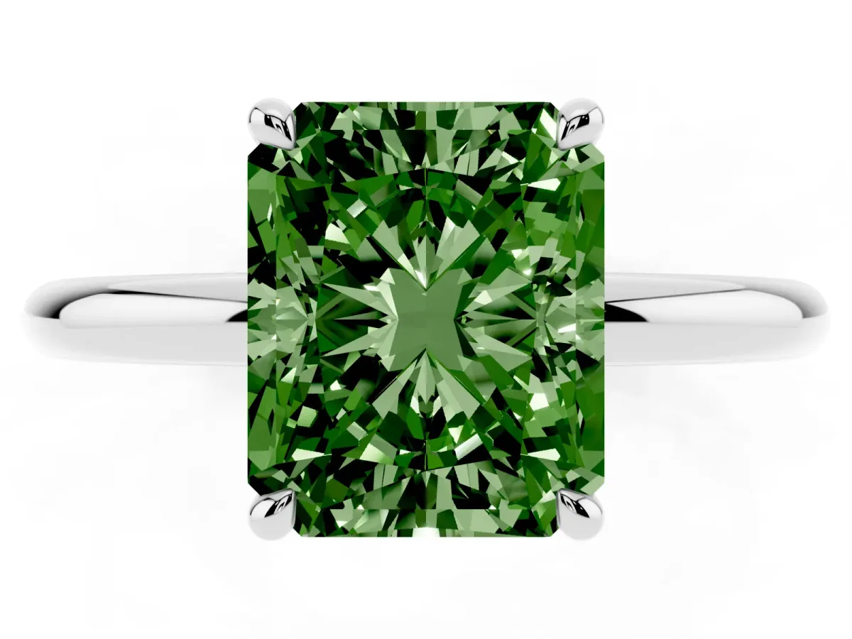 Fancy Green Radiant Cut Diamond Solitaire Ring with Thin Band and Four-Prong Setting Platinum