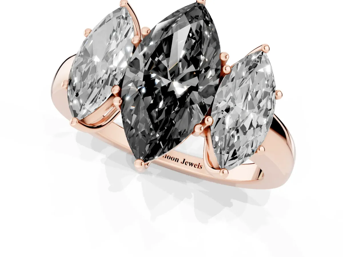 Fancy Black Marquise Cut Diamond Three-Stone Ring with Four-Prong Setting and Classic Band Rose gold